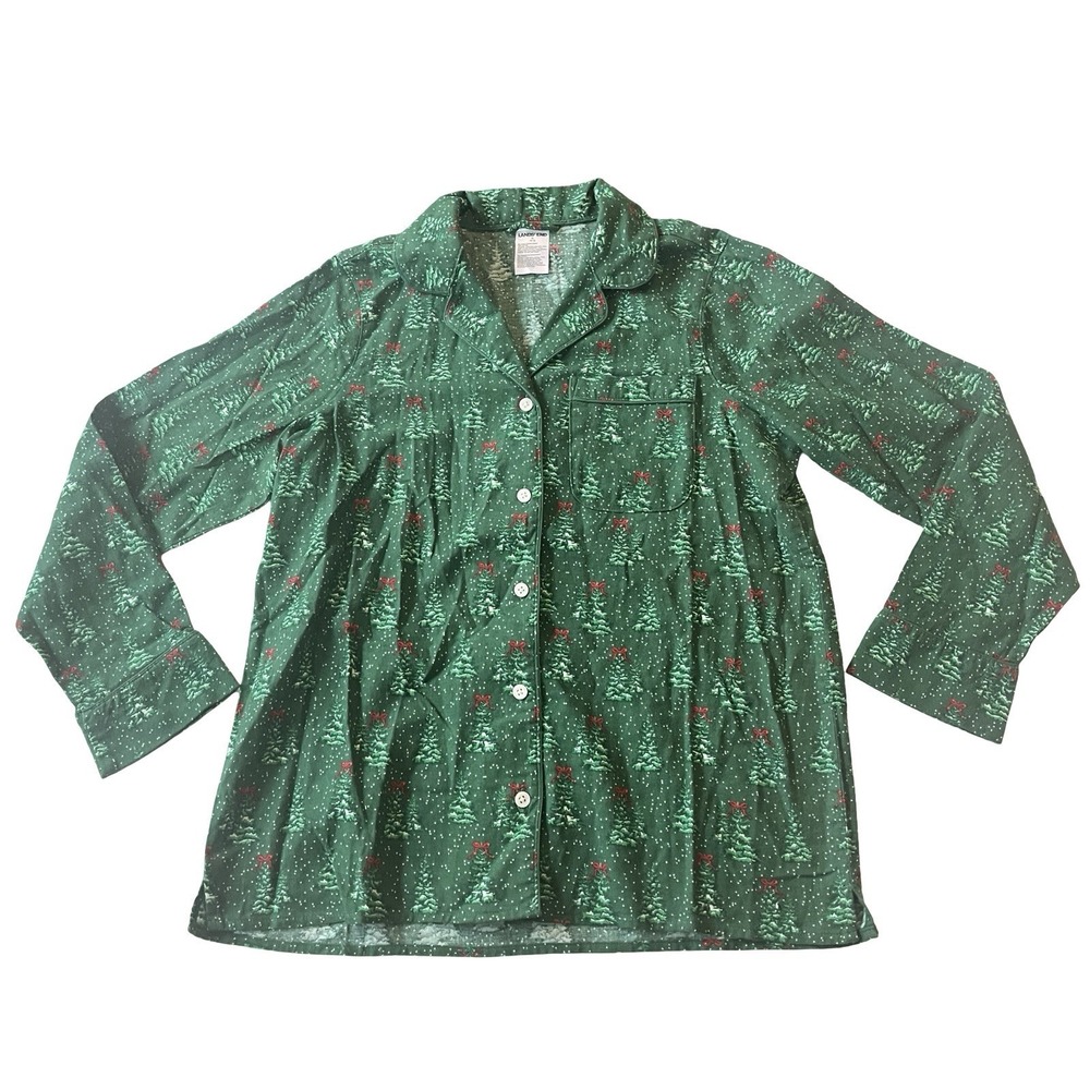 Lands' End Women's Size‎ M 10-12 Green Pajama Shirt Button Up Tree Bow Holiday